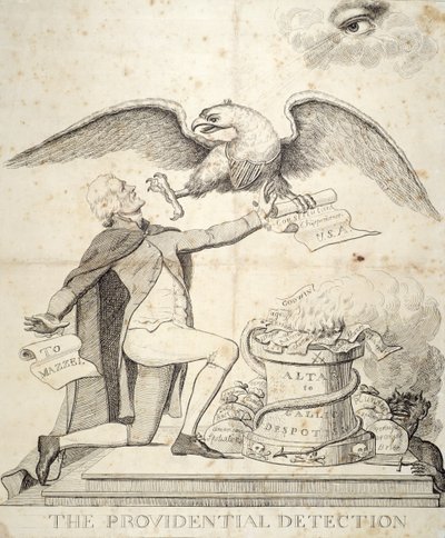 The Providential Detection , tegneserie som viser Thomas Jefferson (1743-1826) som prøver å ødelegge grunnloven av American School