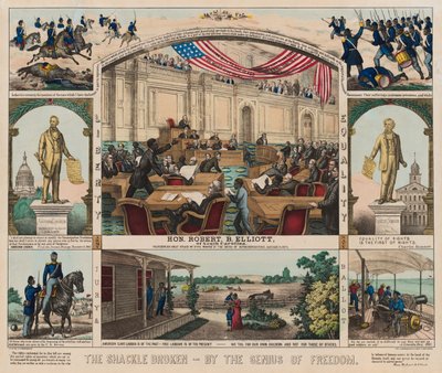 The Shackle Broken - By the Genius of Freedom, ca. 1860-1879 (farge litho) av American School