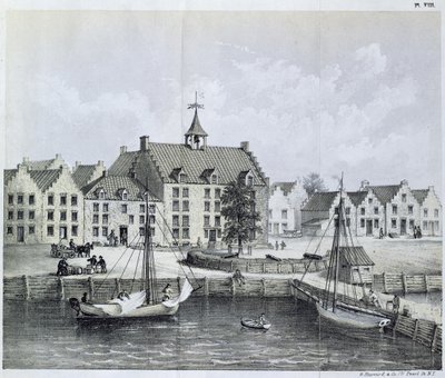 The Stadthuys of New York i 1679, Corner of Pearl Street og Coentijs Slip, fra Journal of a Voyage to New York i 1679-80 av Jasper Danckaerts (f.1639) og Peter Sluyter (1645-1722), utgitt 1867 av American School