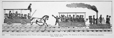 'Tom Thumb Locomotive' raser mot en hestevogn, fra 'The History of the First Locomotives in America', av William H. Brown 1830 (litho) av American School