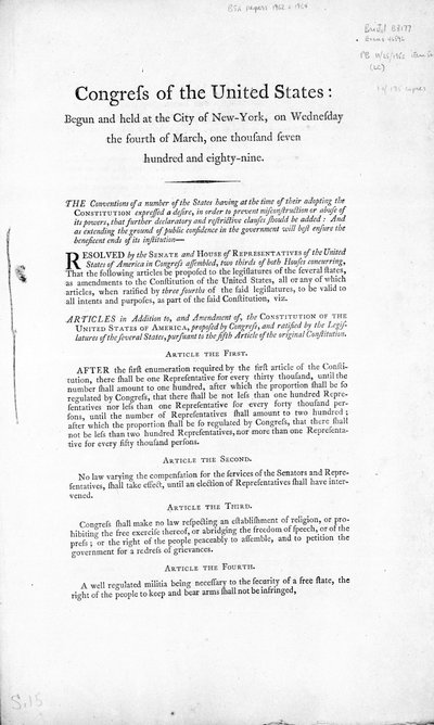 United States Bill of Rights, fullført 1789 (trykk) av American School