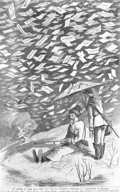 The Winter of their Discontent, Jeff and his Lieutenant Overtaken in a Snowstorm of Ballots, c.1894  av American School