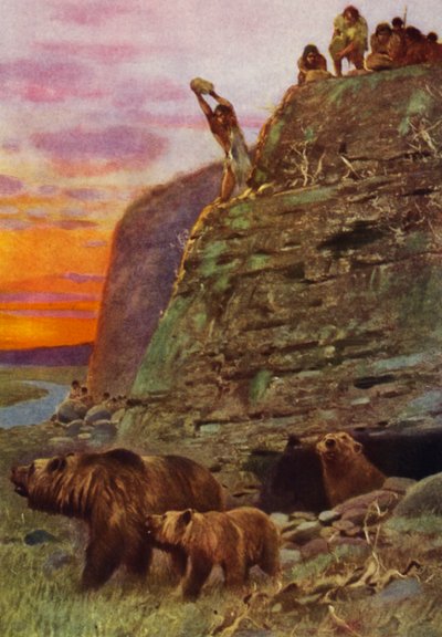 Hjernens kamp mot råstyrke (farge litho) av American School