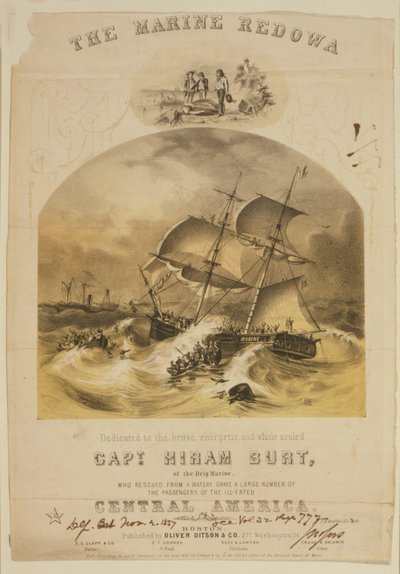 Briggen Marine reddet passasjerer i livbåter fra dampbåten SS Central America etter at den ble fanget i en orkan utenfor Carolinas i september 1857. Over 550 druknet og 30 000 pund (14 000 kg) californisk gull gikk tapt. av American School