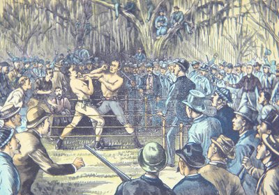 Den siste kamp i boksing med bare knoke i 1889, John L. Sullivan v. Jake Kilrain i Richburg, Mississippi (farge litho) av American School