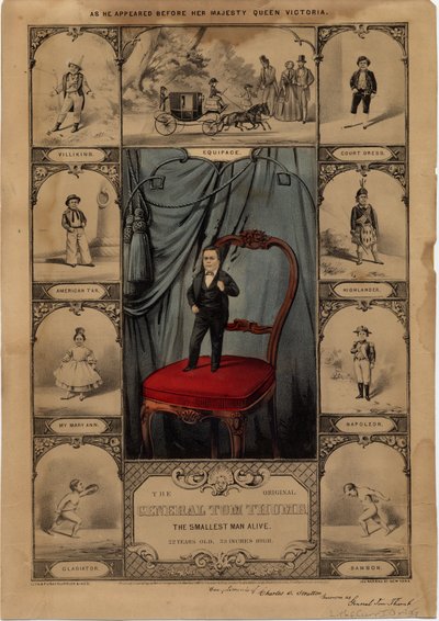 Den originale General Tom Thumb: den minste mannen i live, pub. av Currier & Ives, 1860 av American School