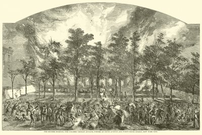 Opprørerne som brenner Colored Orphan Asylum, hjørnet av Fifth Avenue og Forty-Sixth Street, New York City, juli 1863 av American School