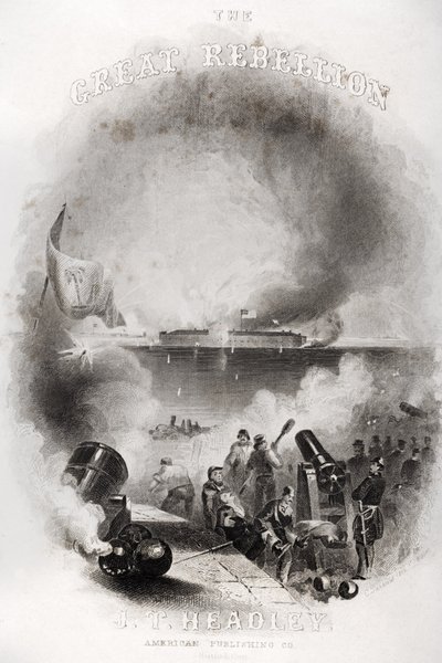 Tittelsideillustrasjon av angrepet på Fort Sumter i 1861, fra 'The Great Rebellion' av JT Headley, publisert 1866 av American School