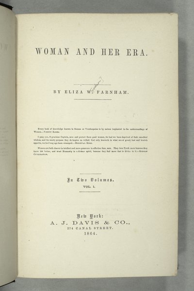 Tittelside for Women and Her Era av Eliza Wood Farnham (1815-64) utgitt i New York, 1864 (trykk) av American School