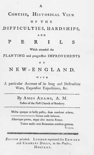 Tittelside til et kortfattet, historisk syn på vanskelighetene, vanskelighetene og farene som deltok på Planting and Progressive Improvements of New England, 1770 (trykt papir) av American School