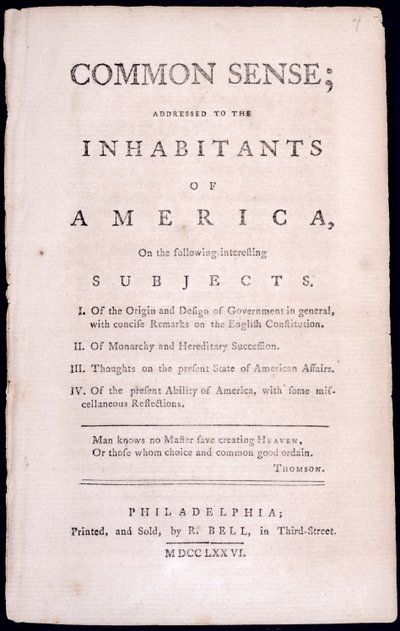 Tittelside til sunn fornuft av Thomas Paine (1737-1809) 1776 (trykk) av American School