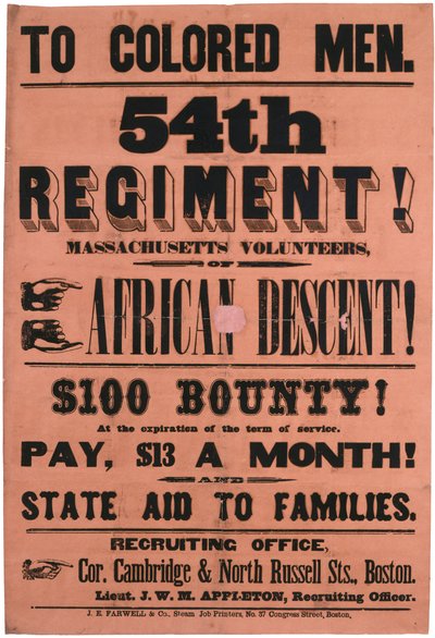 Til fargede menn. 54. regiment! Massachusetts Volunteers, av afrikansk avstamning, 1863 av American School
