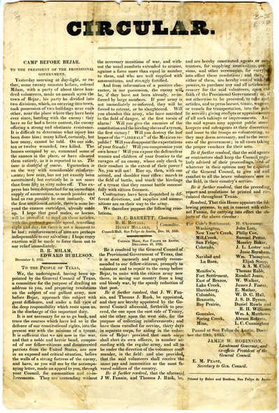 Til The People of Texas om: beleiring av meksikansk garnison ved San Antonio de Bexar, 10. desember 1835 av American School
