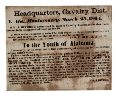 Til ungdommen i Alabama: Vi roper til våpen! (rekruttering bredside), 25. mars 1864 av American School