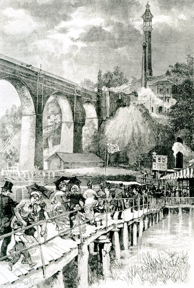 Turister som vender tilbake til dampbåten deres på Harlem River, med High Bridge til venstre, gravert av WA Rogers for Harpers Weekly, 24. juli 1880 av American School