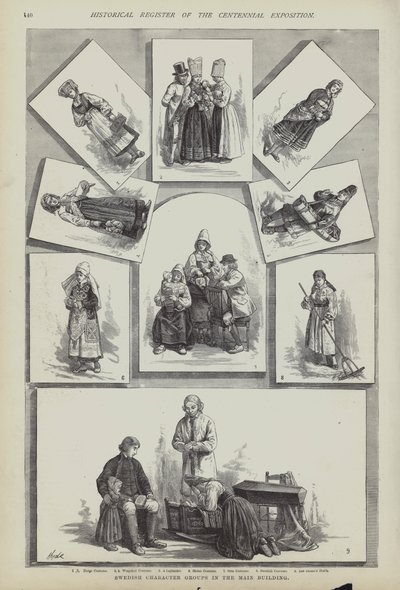 Tradisjonelle svenske kostymer, Centennial Exposition, Philadelphia, Pennsylvania, USA av American School
