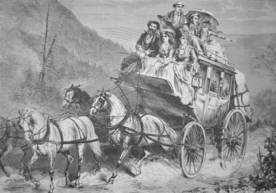 Reiser gjennom det amerikanske vesten med Concord Stagecoach på 1860-tallet (gravering) av American School