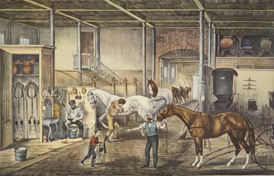 Trav sprekker hjemme, en modellstall, pub. 1868, Currier & Ives av American School