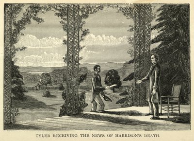 Tyler mottar nyheten om Harrisons død, pub.1888 (gravering) av American School