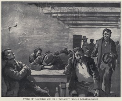 Typer hjemløse menn i et to-cents kjellerhus (litho) av American School