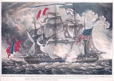 US Fregate Constellation fanger LInsurgente i Vest-India i slaget ved Basseterre, 9. februar 1799, publisert i 1800 av American School