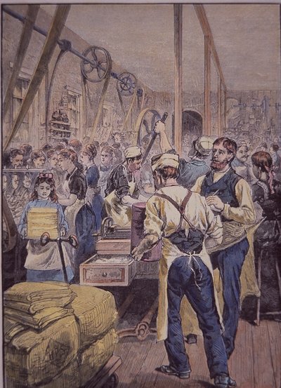 Amerikansk tekstilindustri, tekstilfabrikk i nord, ca. 1870 (farget gravering) av American School