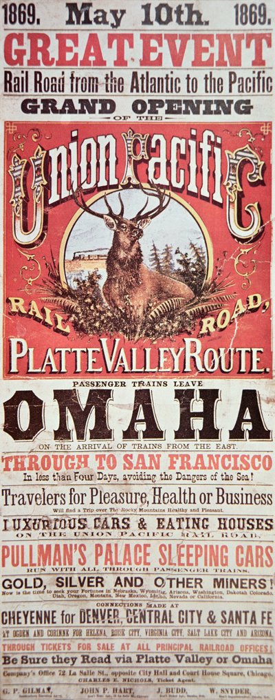 Union Pacific Railroad-plakat som annonserer den første transkontinentale jernbanen over hele USA av American School
