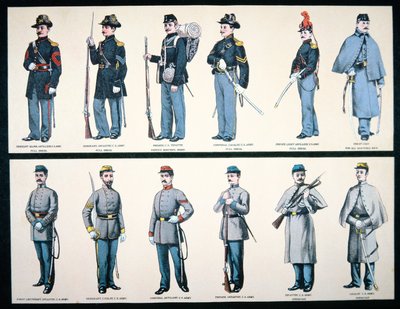 Union og konfødererte hæruniformer (farge litho) av American School