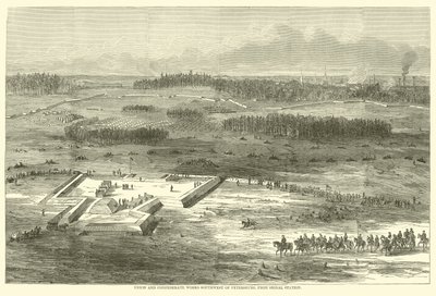 Union and Confederate arbeider sørvest for Petersburg, fra signalstasjonen, mars 1865 av American School