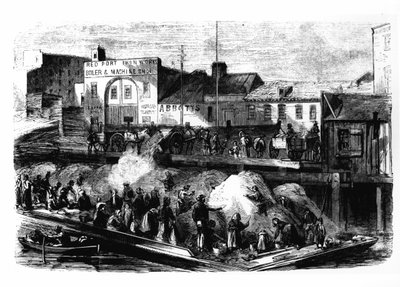 Omstreifere plukker filler for å selge fra søppelplassen Beach Street, New York, ca. 1870 av American School