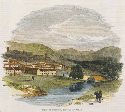 Utsikt over Houston, hovedstaden i Texas, ca. 1852 (håndfarget tregravering) av American School