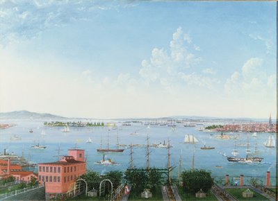Utsikt over New York Harbour fra Brooklyn Heights, ca. 1860 (olje på lin) av American School