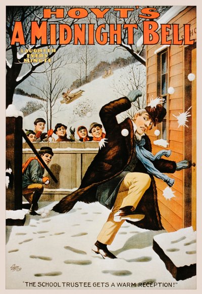 Vintage plakat av gutter som kaster mannen med snøballer, 1890-99 av American School