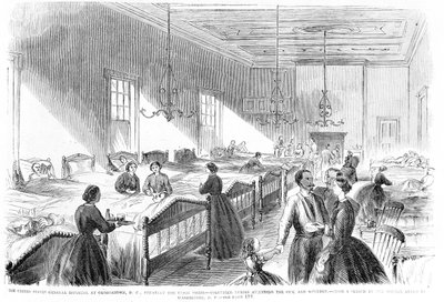 Frivillige sykepleiere som behandler syke ved US General Hospital i Georgetown, fra Frank Leslie