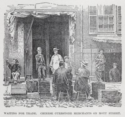 Venter på handel, kinesiske kantsteinshandlere på Mott Street (litho) av American School