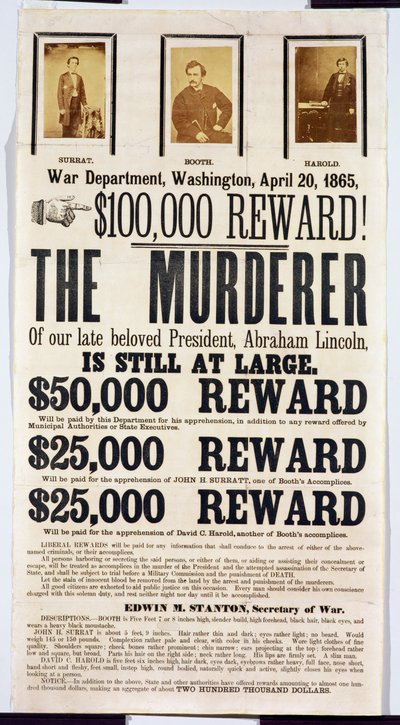 Washington War Department-plakat som kunngjør en belønning på $100 000 for å finne morderen til Abraham Lincoln, 20. april 1865 av American School