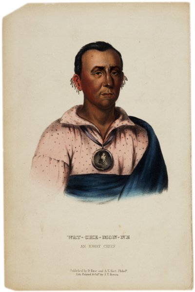 Wat-Che-Mon-Ne, Ioway-sjef, trykk laget av J. T. Bowen, illustrasjon fra The History of the Indian Tribes of North America av Thomas L. McKenney og James Hall, ca. 1842-70 av American School