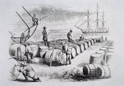 Hvalfangere som måler olje i fat, fra The American Whale Fishery, ca. 1850 (gravering) av American School
