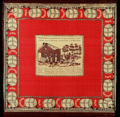 William Henry Harrison ønsker to gamle kamerater velkommen på Log Cabin, 1840 (silke) av American School