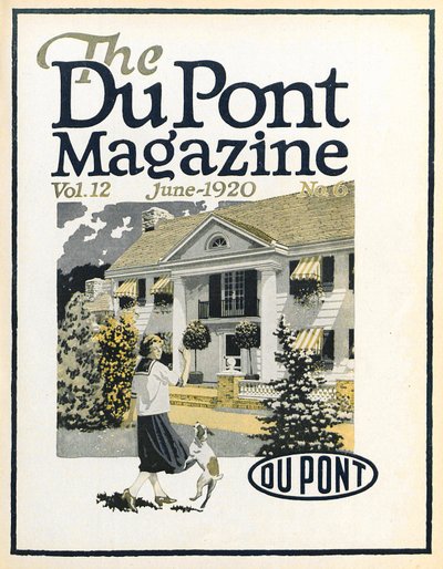 Kvinne og hund, forside av DuPont Magazine, juni 1920 av American School