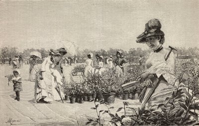 Kvinner som går i Brera, Milano, Italia, gravering fra maleriet Maggio (mai) av Amerino Cagnoni (1853-1923), fra L