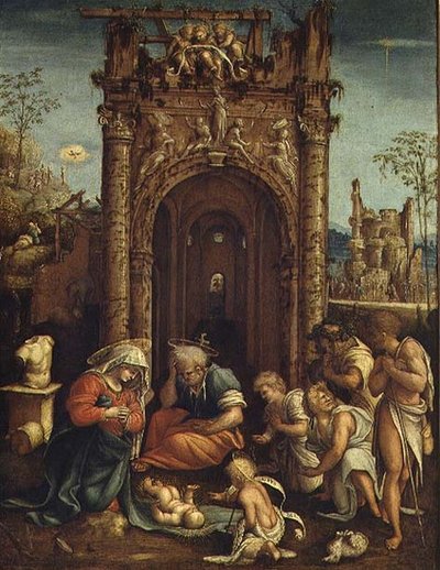 Tilbedelse av hyrdene, ca. 1530 (olje på panel) av Amico Aspertini