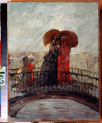 Under regnet (I regnet). Maleri av Anatoly Afanasyevich Arapov (1876-1949). Olje på lerret, 36 x 28 cm av Anatoli Afanasyevich Arapov