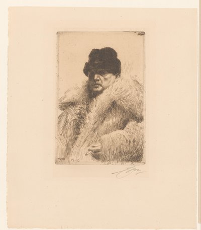 Selvportrett med pels og lue av Anders Leonard Zorn (signed by artist)