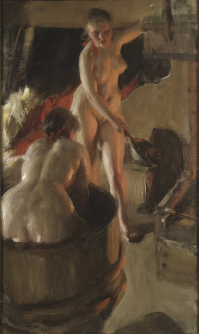 Filles de Dalecarlie prenant un bain - Jenter fra Dalarna som har et bad, av Zorn, Anders Leonard (1860-1920). Olje på lerret av Anders Leonard Zorn