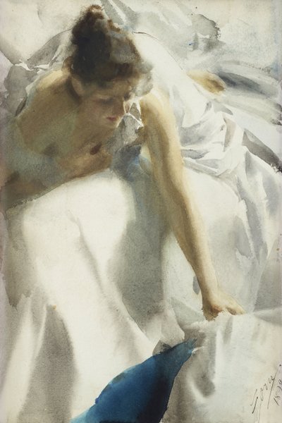 ""Reveil, boulevard Clichy, Paris"" (Awakening, Boulevard Clichy) Ung jente i negligé - Akvarell av Anders Leonard Zorn (1860-1920) 1892 Privat samling av Anders Leonard Zorn