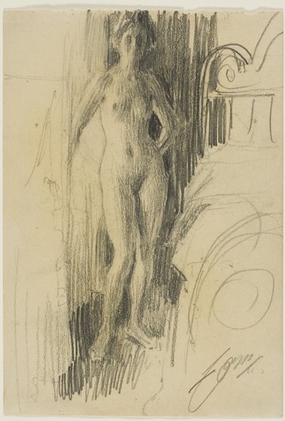 Nakenfigur som står nær en seng av Anders Leonard Zorn