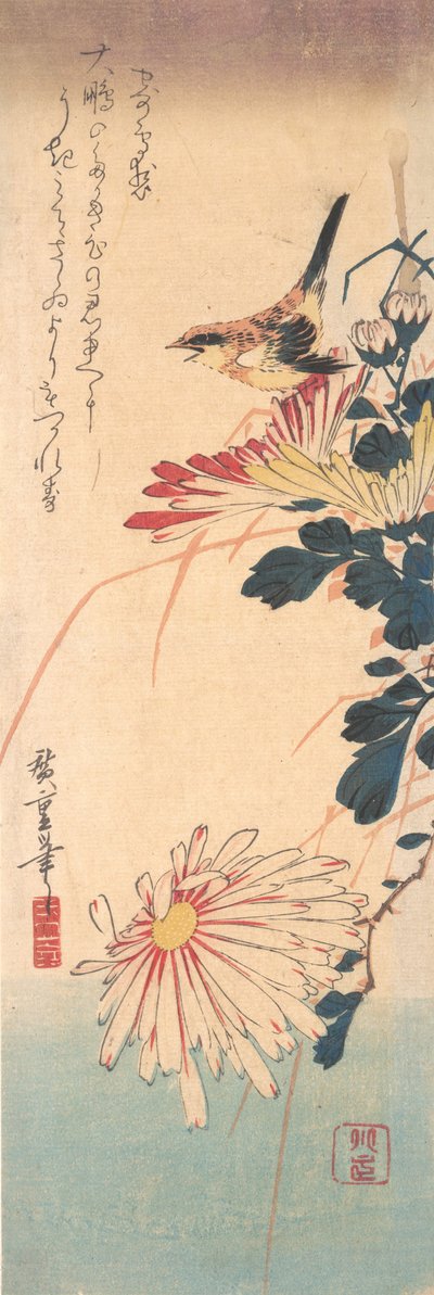A Wren og krysantemum, ca. 1830., ca. 1830. av Ando Hiroshige