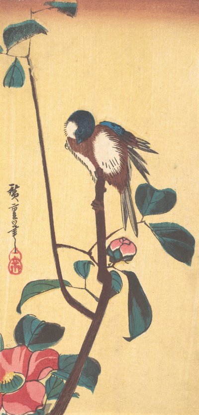 Camellia og blåhodefugl, ca. 1833., ca. 1833. av Ando Hiroshige
