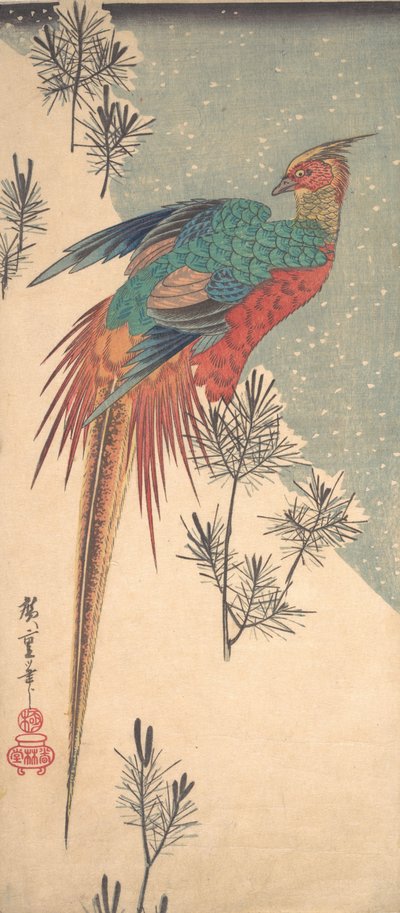 Gullfasan og furuskudd i snø, ca. 1835., ca. 1835. av Ando Hiroshige
